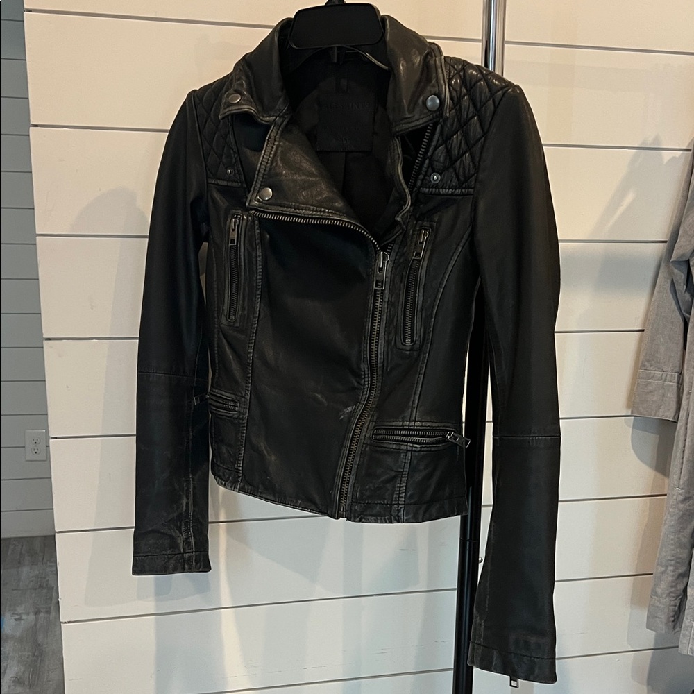 All Saints Quilted Black Leather Jacket
